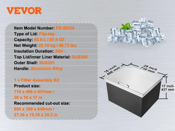 Hielera VEVOR con tapa abatible, capacidad 82,6 l/87,4 qt, tapa sus304 y asa de aluminio.