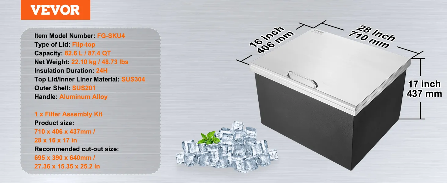 Hielera VEVOR con tapa abatible, capacidad 82,6 l/87,4 qt, tapa sus304 y asa de aluminio.