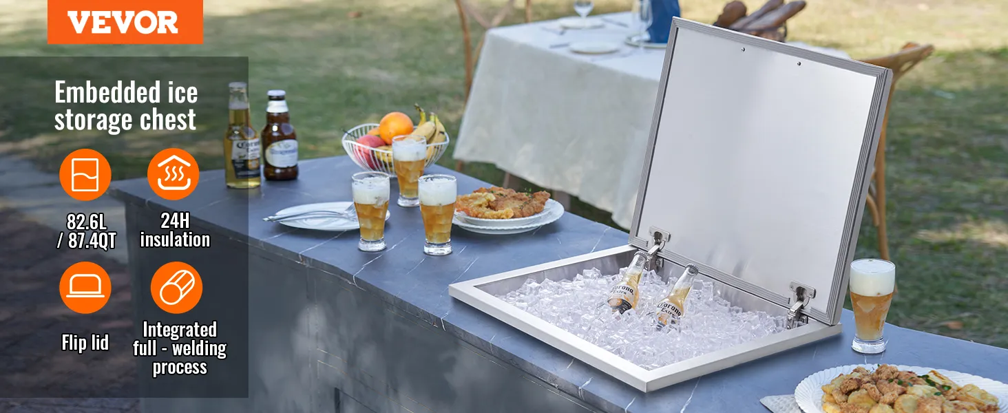 VEVOR - Hielera empotrada en mesa al aire libre con bebidas, frutas y comida.