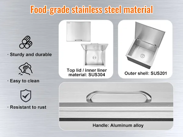 Hielera VEVOR de acero inoxidable de grado alimenticio; duradera, fácil de limpiar, resistente al óxido; sus304, sus201, mango de aluminio.
