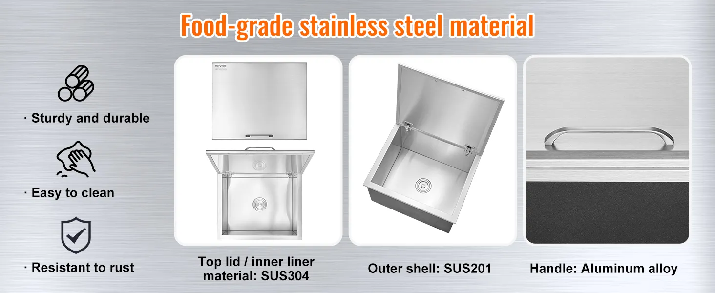 Hielera VEVOR de acero inoxidable de grado alimenticio; duradera, fácil de limpiar, resistente al óxido; sus304, sus201, mango de aluminio.