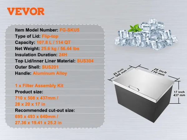 VEVOR stainless steel ice chest with flip-top lid, 107.8l capacity, dimensions 28x20x17 inches.