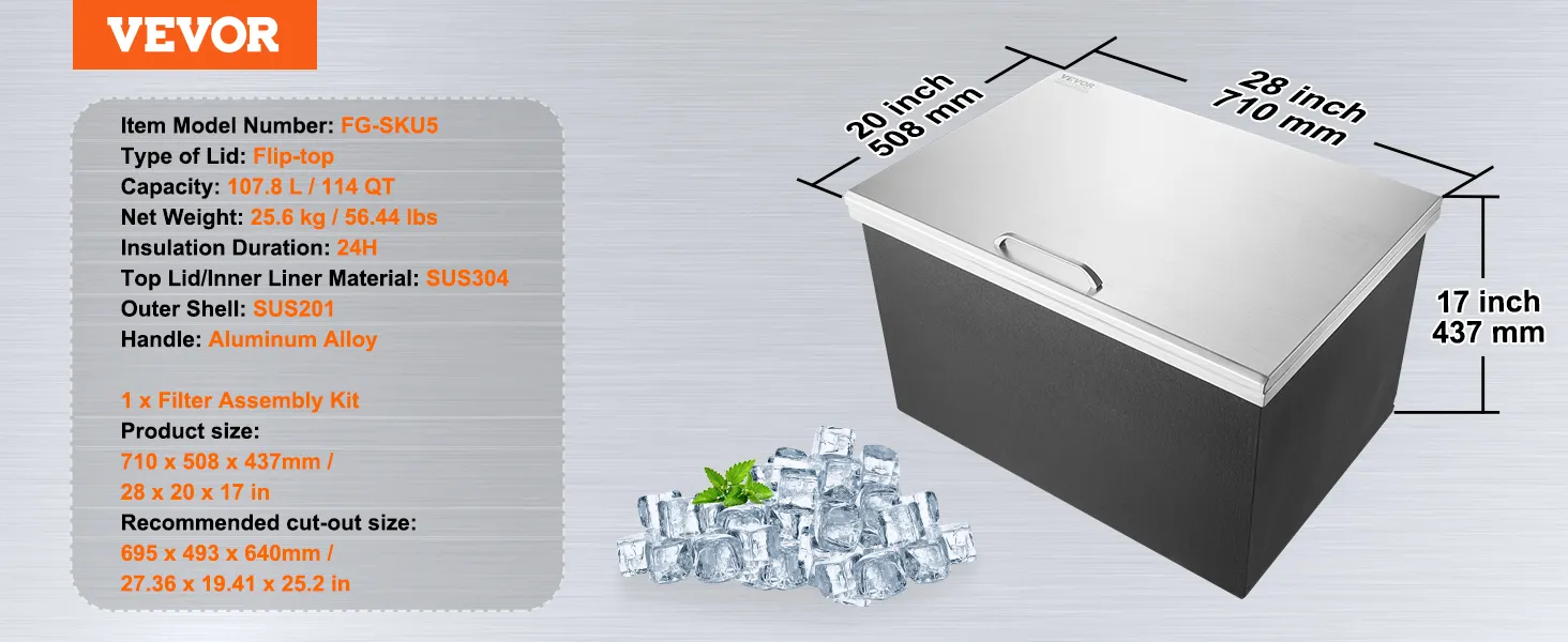 VEVOR stainless steel ice chest with flip-top lid, 107.8l capacity, dimensions 28x20x17 inches.