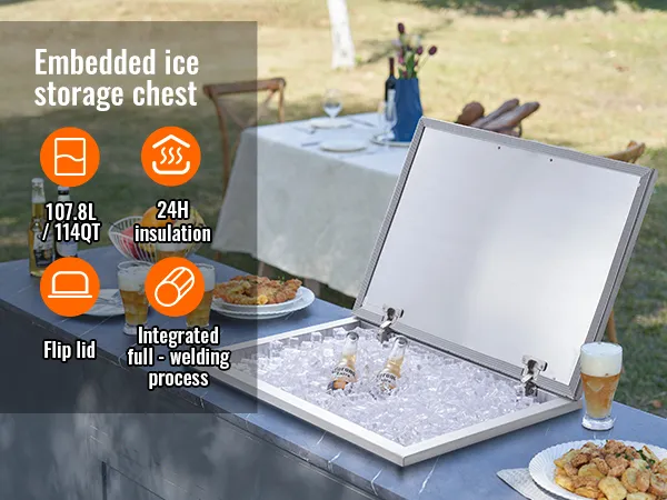 VEVOR stainless steel ice chest with flip lid, 24h insulation, and cold drinks on an outdoor table.