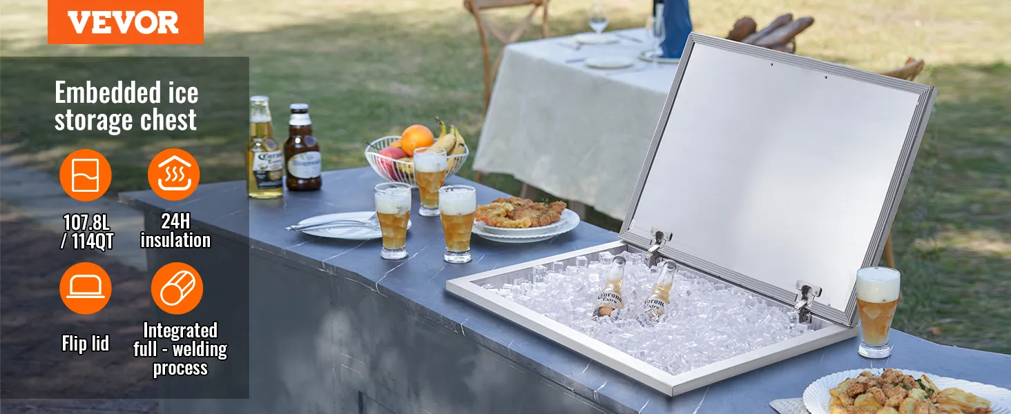VEVOR stainless steel ice chest with flip lid, 24h insulation, and cold drinks on an outdoor table.