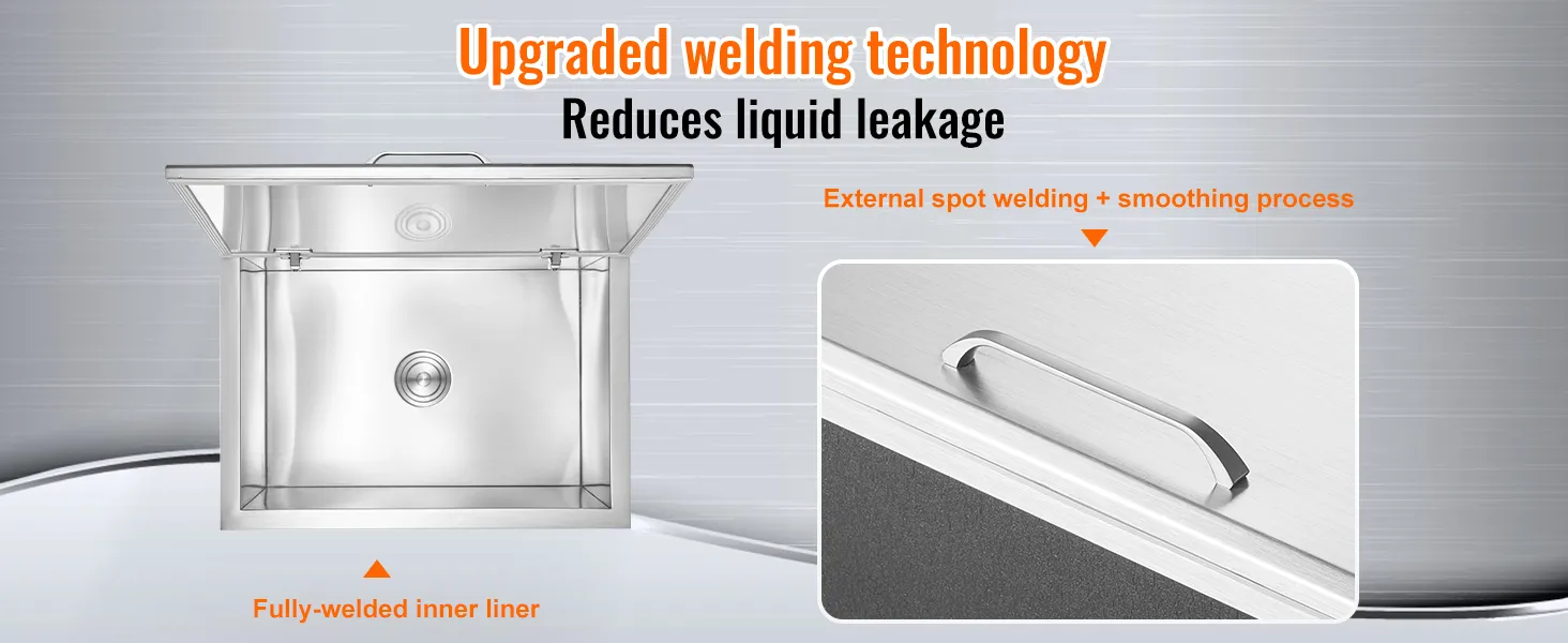 VEVOR stainless steel ice chest with upgraded welding technology to reduce liquid leakage.