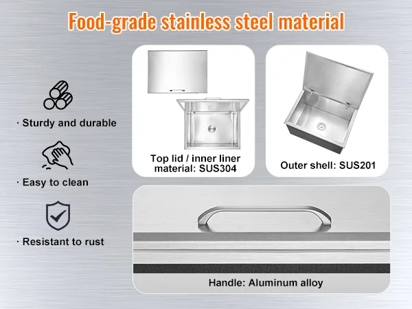 VEVOR stainless steel ice chest featuring food-grade sus304 inner lining, sus201 outer shell, aluminum handle.