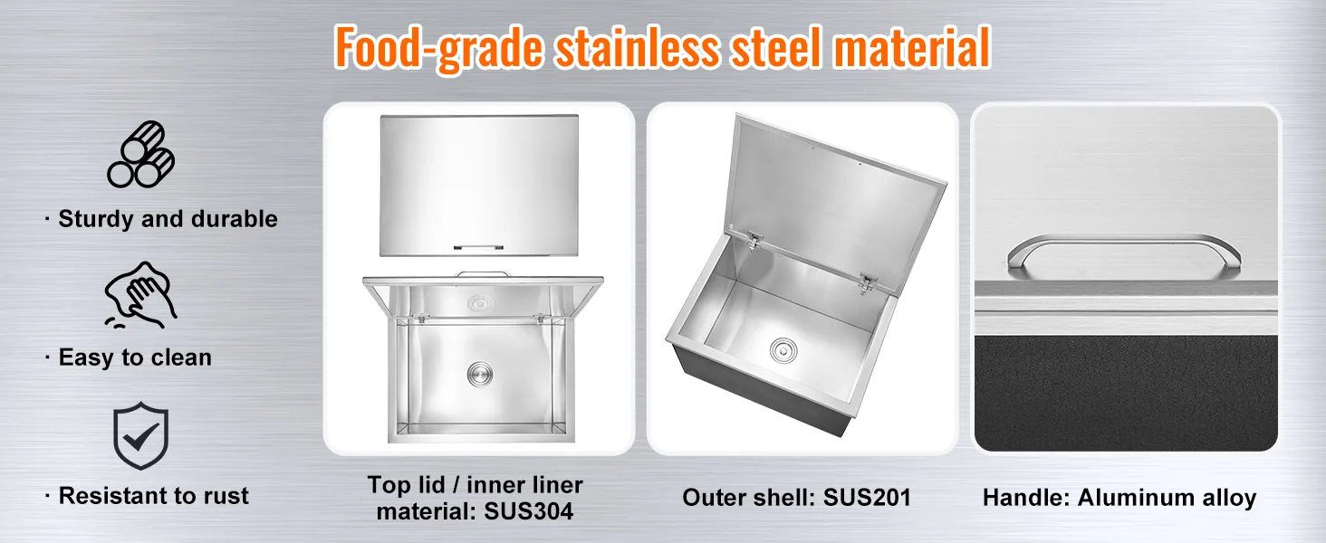 VEVOR stainless steel ice chest featuring food-grade sus304 inner lining, sus201 outer shell, aluminum handle.