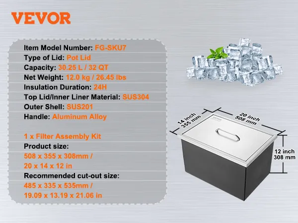 VEVOR-Kühlbox mit Topfdeckel, 32 qt Fassungsvermögen, Außenhülle aus Edelstahl und Griff aus Aluminiumlegierung.