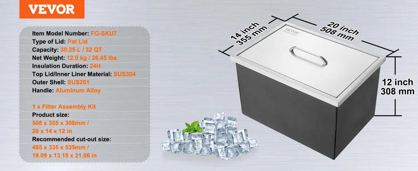 VEVOR-Kühlbox mit Topfdeckel, 32 qt Fassungsvermögen, Außenhülle aus Edelstahl und Griff aus Aluminiumlegierung.