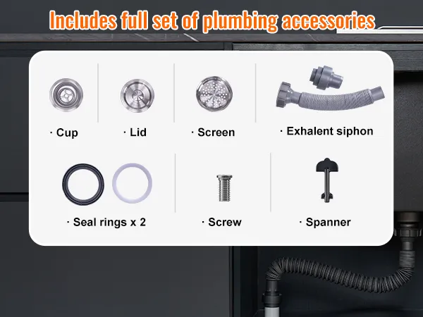 vollständiges Set an Sanitärzubehör für die VEVOR-Kühlbox: Becher, Deckel, Sieb, Siphon, Dichtungsringe, Schraube, Schraubenschlüssel.