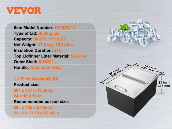 VEVOR ice chest with sliding lid, 55.23l capacity, sus304 top, sus201 shell, 24x18x13 inches.