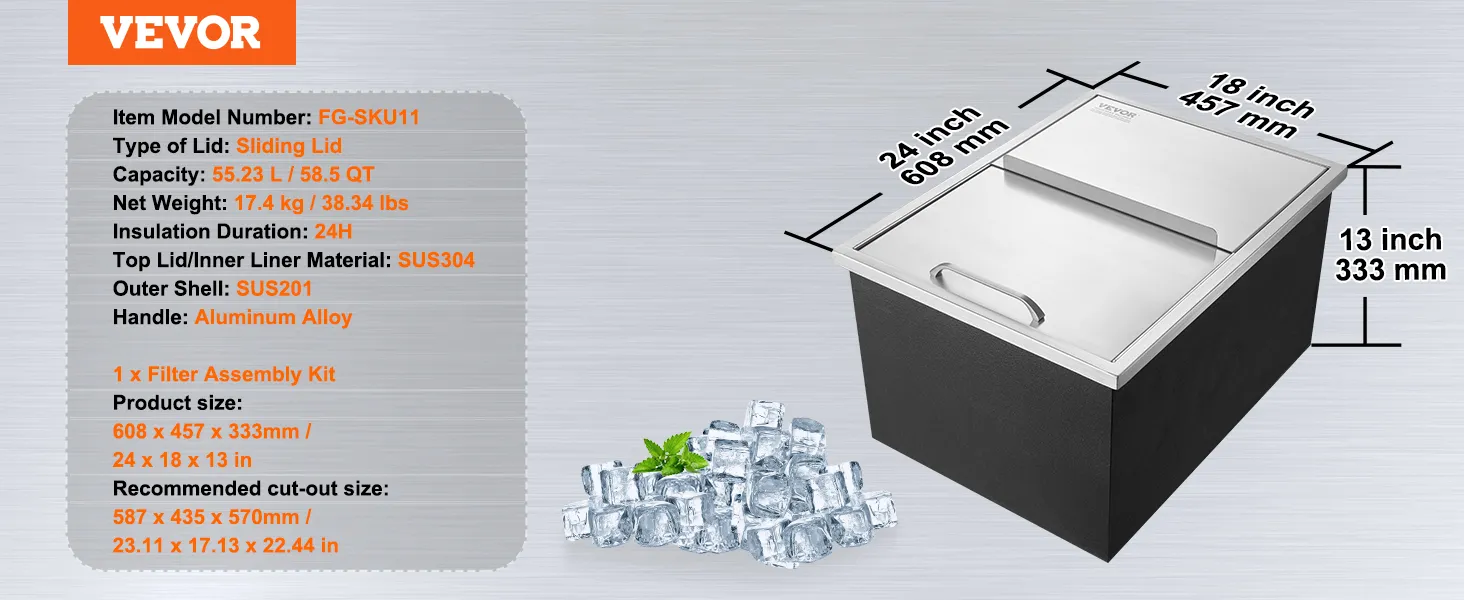 VEVOR ice chest with sliding lid, 55.23l capacity, sus304 top, sus201 shell, 24x18x13 inches.