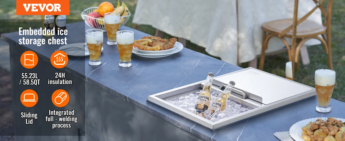 VEVOR ice chest on a blue countertop with drinks, beer bottles, and a fruit bowl in an outdoor setting.