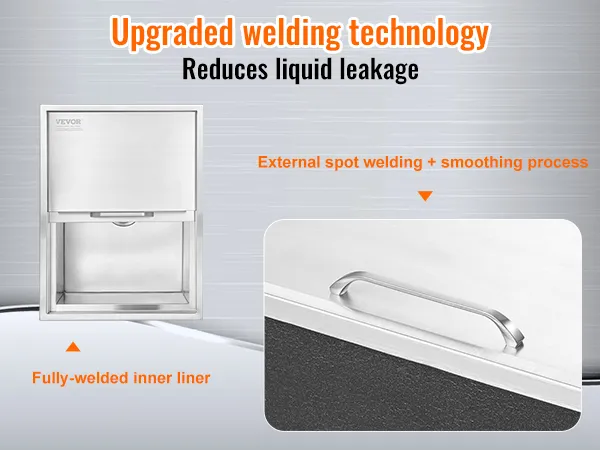 VEVOR ice chest with upgraded welding technology, fully-welded inner liner, and external spot welding.