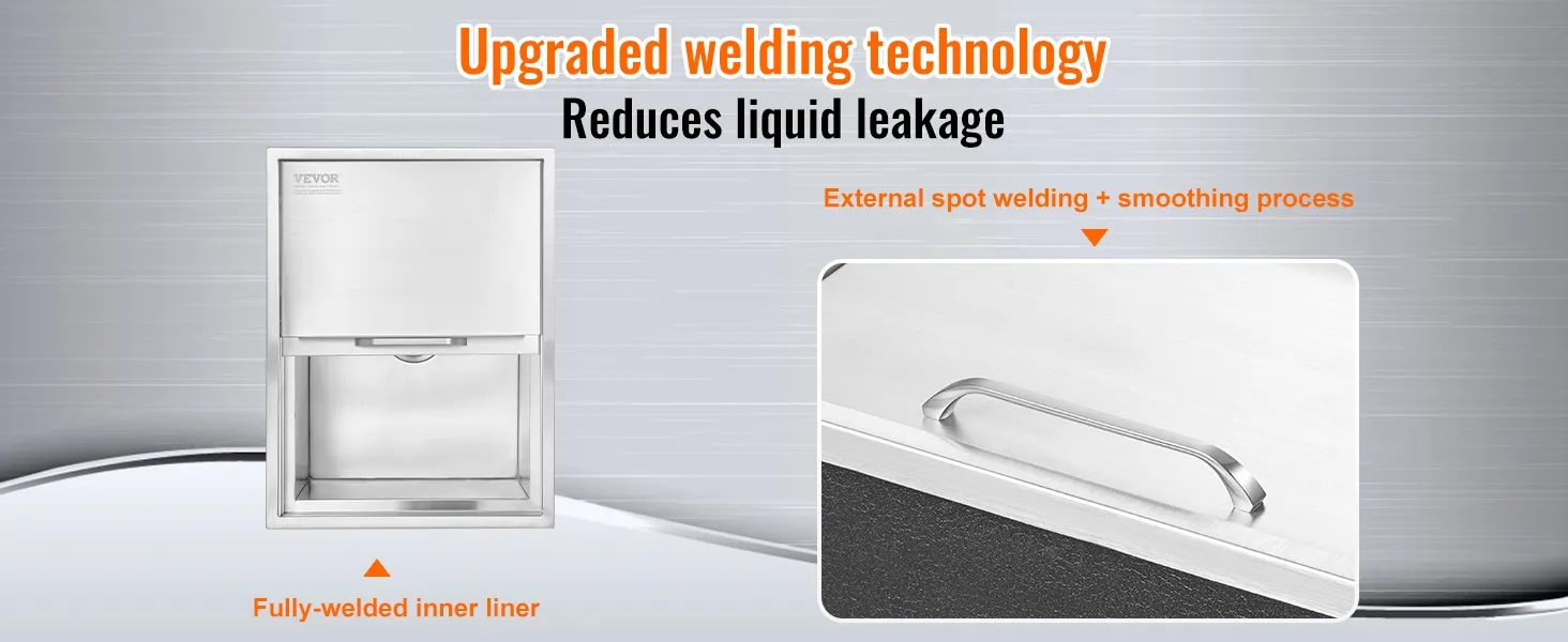 VEVOR ice chest with upgraded welding technology, fully-welded inner liner, and external spot welding.