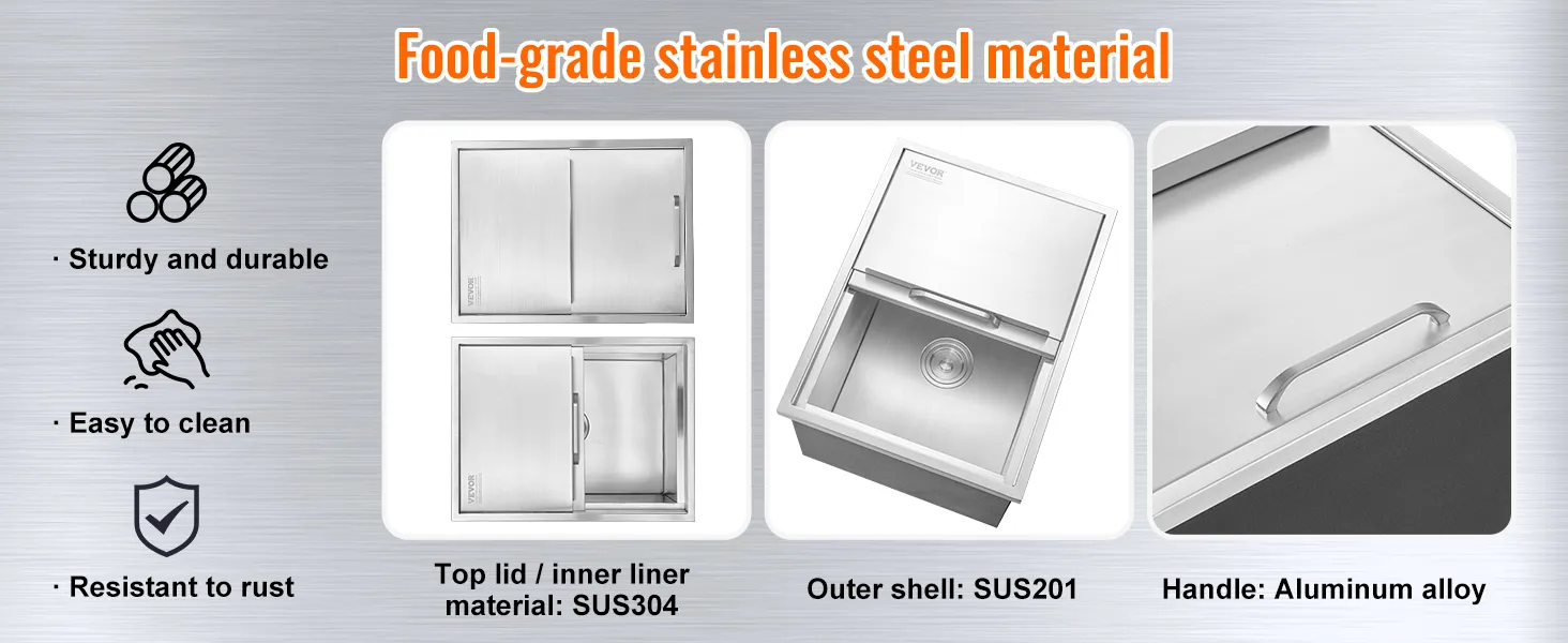 VEVOR ice chest with food-grade stainless steel, easy to clean, durable, rust-resistant.