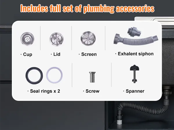 plumbing accessories for the VEVOR ice chest, including cup, lid, screen, siphon, rings, screw, and spanner.