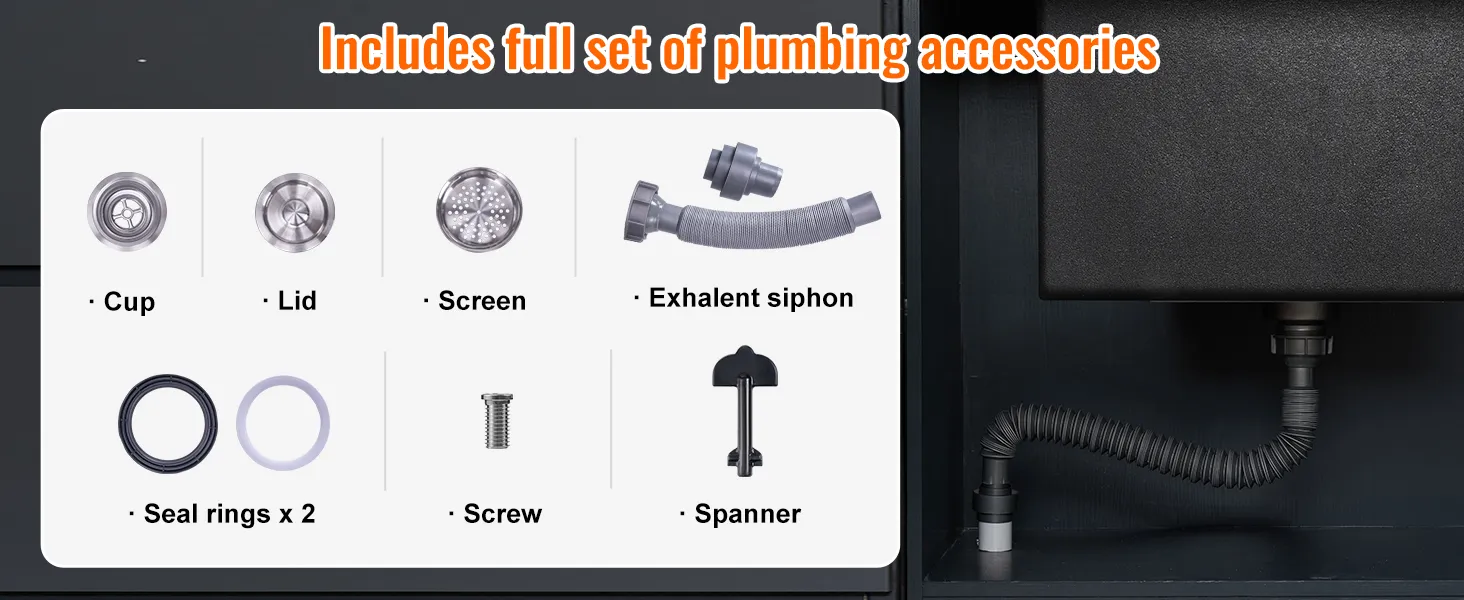 plumbing accessories for the VEVOR ice chest, including cup, lid, screen, siphon, rings, screw, and spanner.