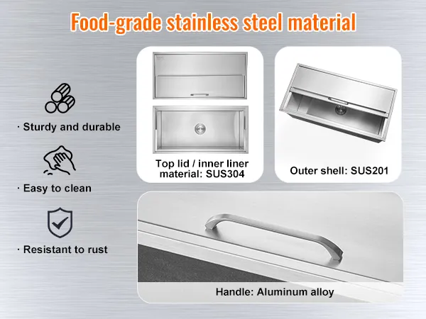 VEVOR ice chest features food-grade stainless steel, corrosion resistance, and easy-to-clean surfaces.