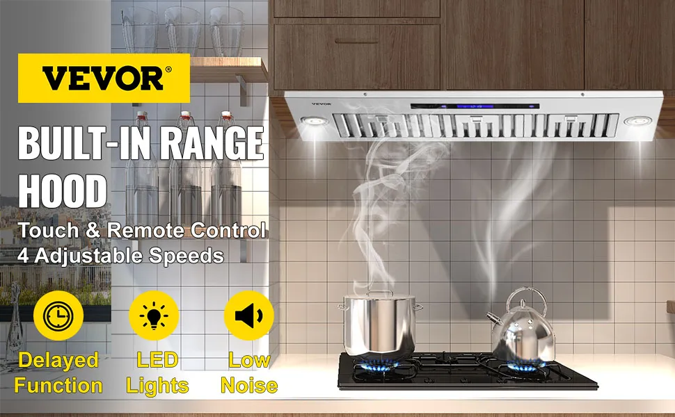 Campana extractora insertable VEVOR con control táctil y remoto, 4 velocidades ajustables, luces led, bajo nivel de ruido.