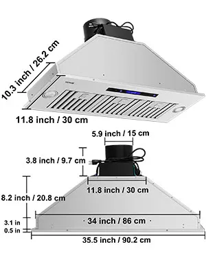 Campana extractora insertable VEVOR en acero inoxidable con dimensiones etiquetadas, que muestra luces LED duales y sistema de ventilación.