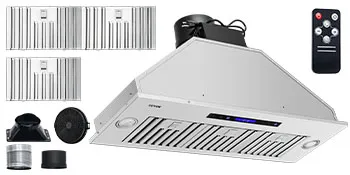 Campana extractora insertable VEVOR con filtros duales, control remoto y componentes de instalación.