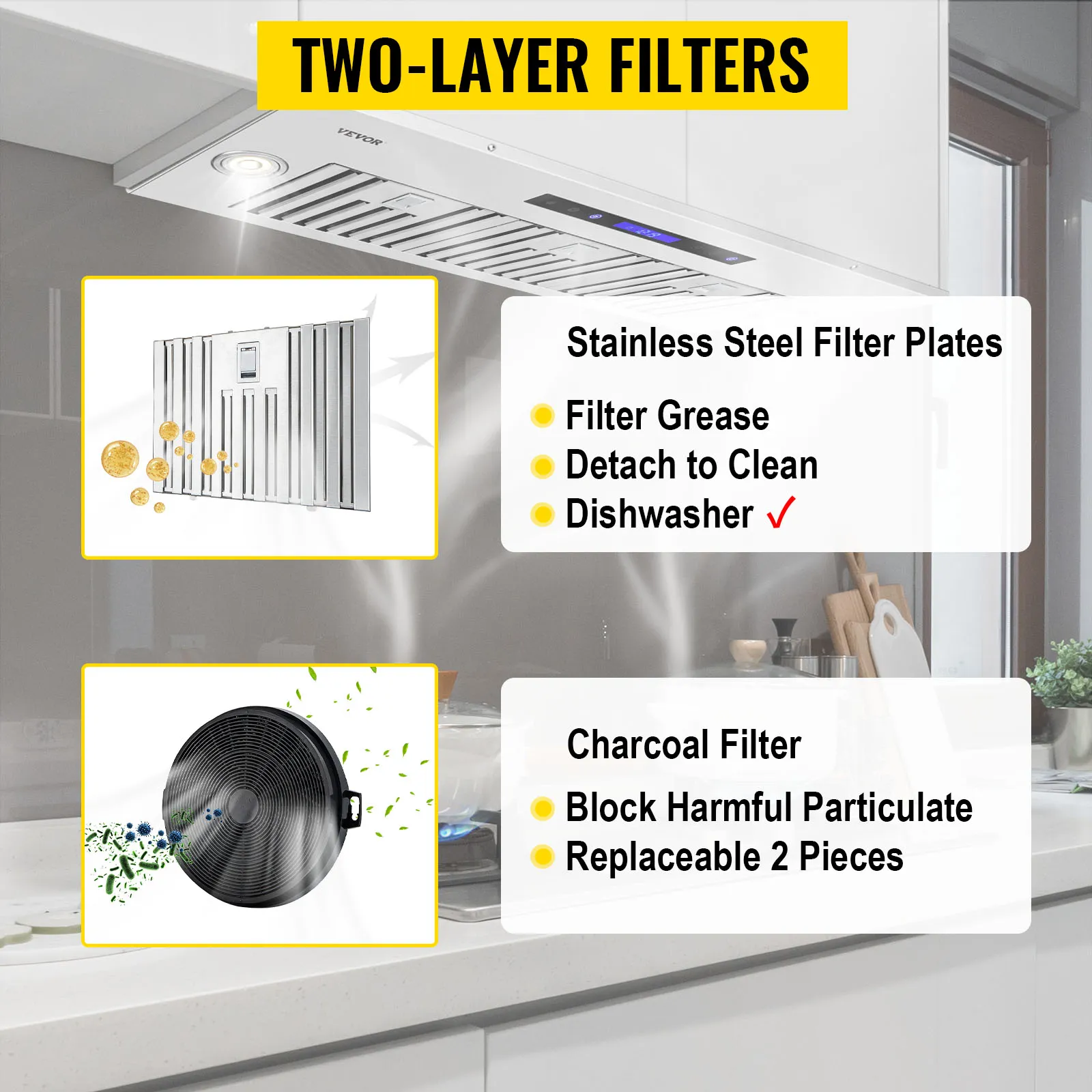 Campana extractora insertable VEVOR con filtros de doble capa, con filtros de acero inoxidable y carbón para una fácil limpieza.