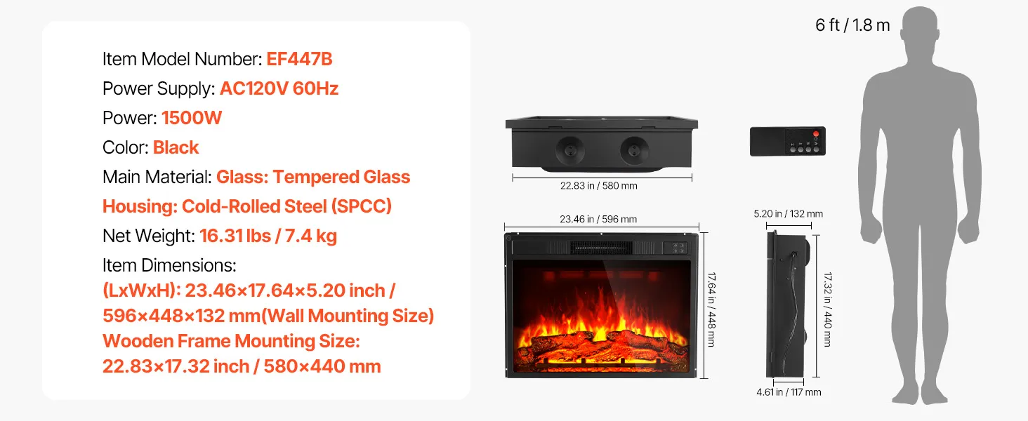 VEVOR Electric Fireplace Insert, 23 inch Recessed and Wall Mounted with Adjustable 3 Flame Brightness Levels & 24h Timer & Remote Control, Indoor Heater w/ Overheat Protection, 5000BTU Black