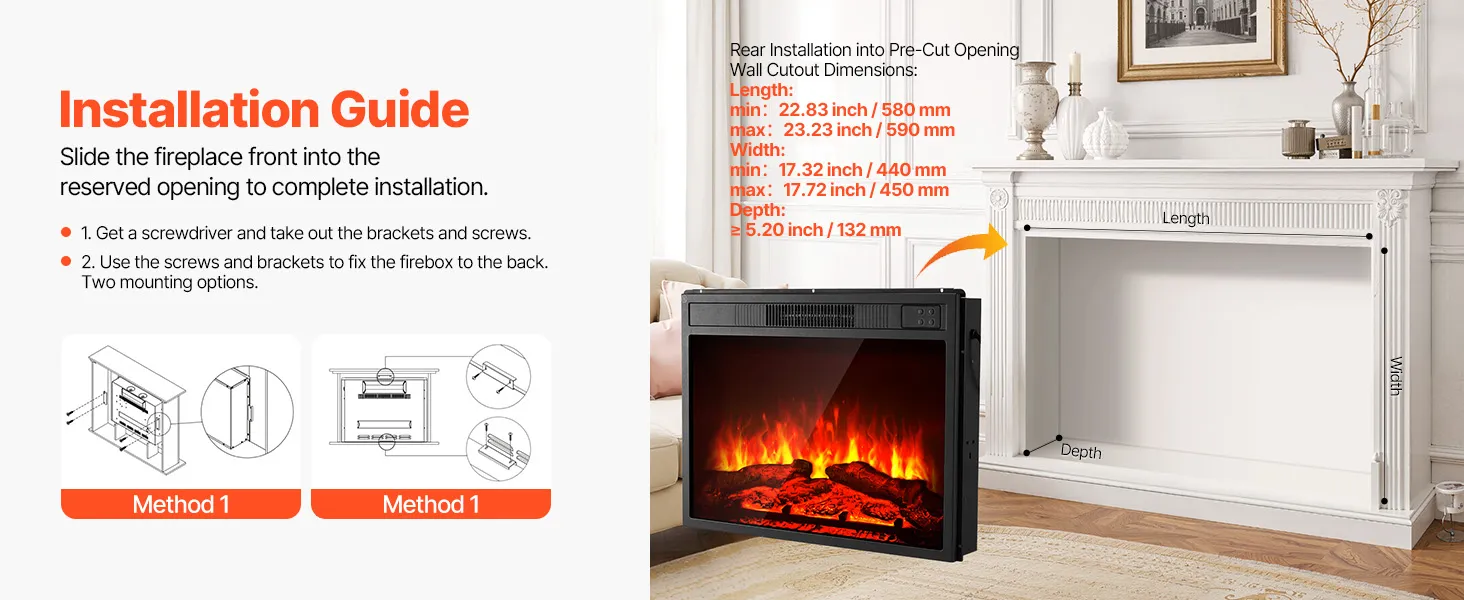 VEVOR Electric Fireplace Insert, 23 inch Recessed and Wall Mounted with Adjustable 3 Flame Brightness Levels & 24h Timer & Remote Control, Indoor Heater w/ Overheat Protection, 5000BTU Black