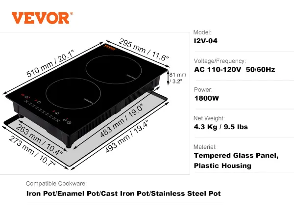 Cocina eléctrica VEVOR con 2 quemadores, 1800w de potencia, panel de vidrio templado y carcasa de plástico.