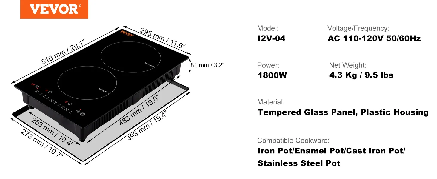 Cocina eléctrica VEVOR con 2 quemadores, 1800w de potencia, panel de vidrio templado y carcasa de plástico.