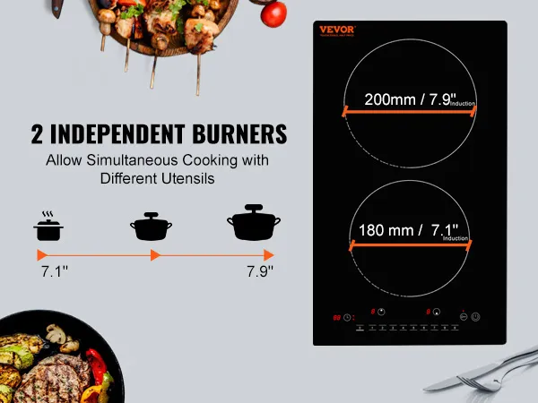 Cocina eléctrica VEVOR con 2 quemadores independientes para cocción simultánea, alimentos expuestos alrededor.