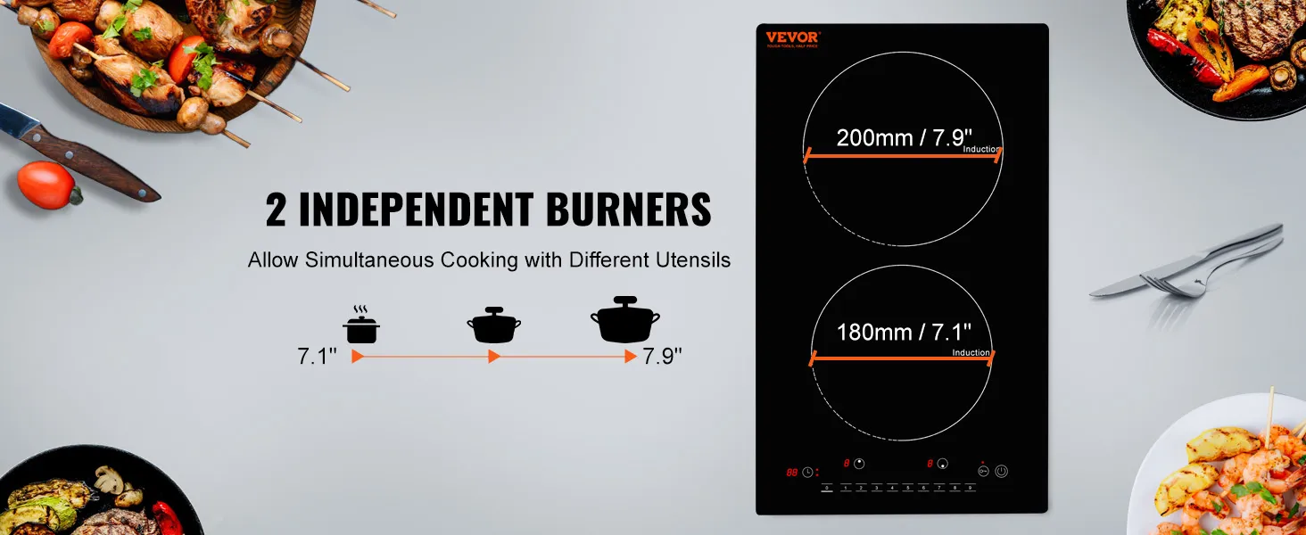Cocina eléctrica VEVOR con 2 quemadores independientes para cocción simultánea, alimentos expuestos alrededor.