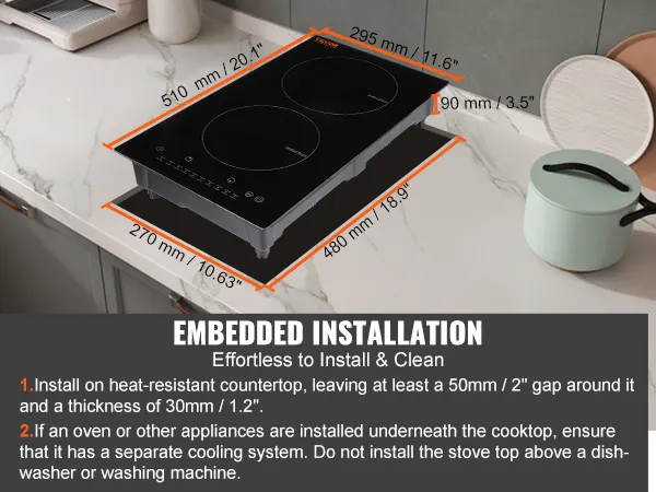 Placa de cocina eléctrica VEVOR integrada en una moderna encimera de cocina junto a una máquina de café.