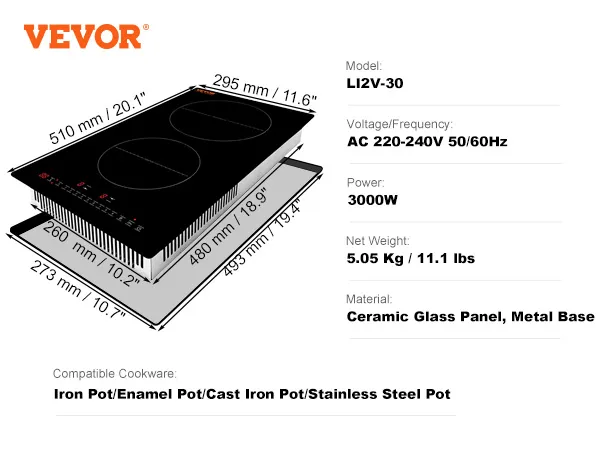 VEVOR electric cooktop li2v-30, 3000w, ceramic glass panel, 510x295mm, black finish.