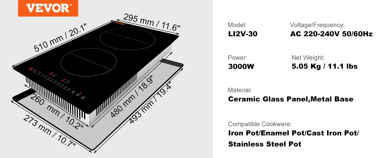 VEVOR electric cooktop li2v-30, 3000w, ceramic glass panel, 510x295mm, black finish.