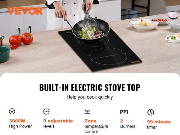 VEVOR electric cooktop with 3000w power, 9 adjustable levels, and 2 burners in use by a chef.