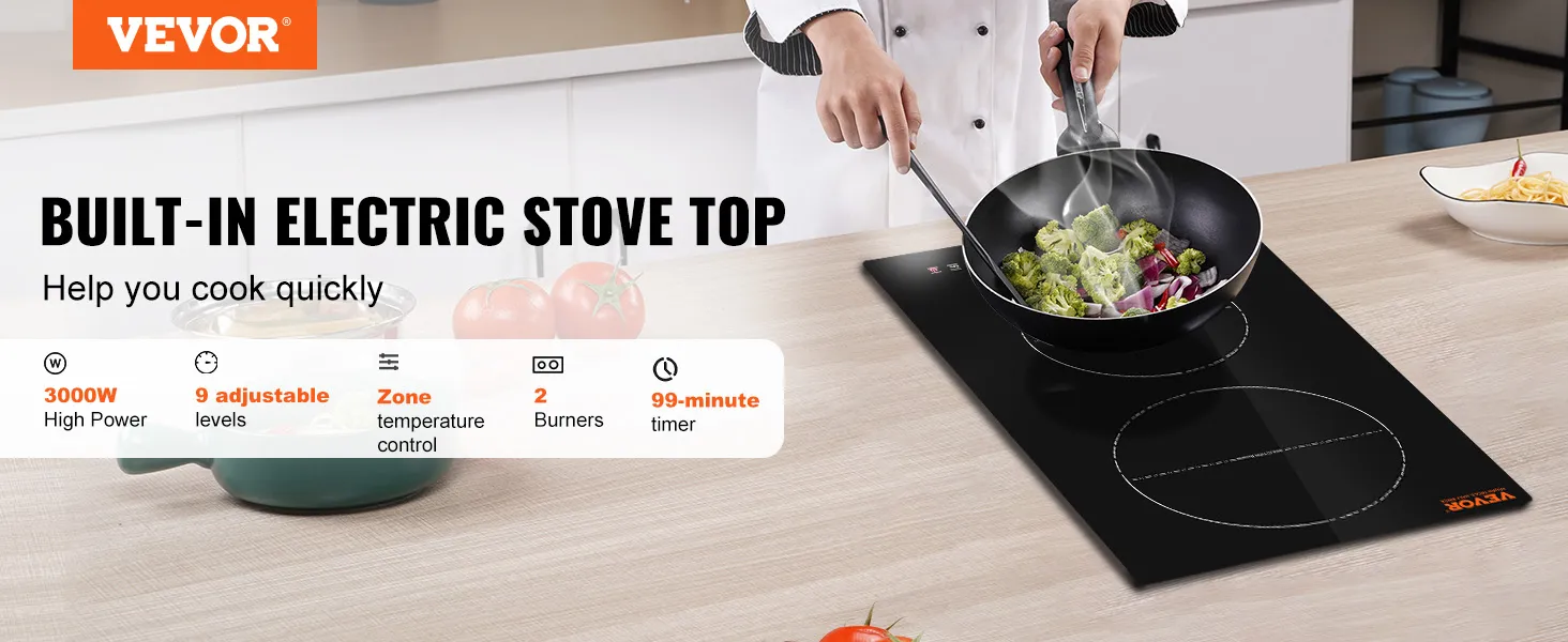 VEVOR electric cooktop with 3000w power, 9 adjustable levels, and 2 burners in use by a chef.