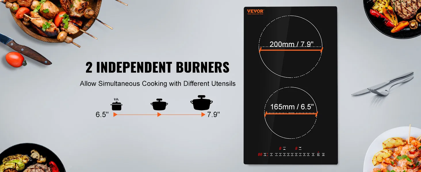 VEVOR electric cooktop with two independent burners allows simultaneous cooking with different utensils.