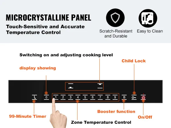 VEVOR electric cooktop features a touch-sensitive microcrystalline panel, child lock, and zone control.