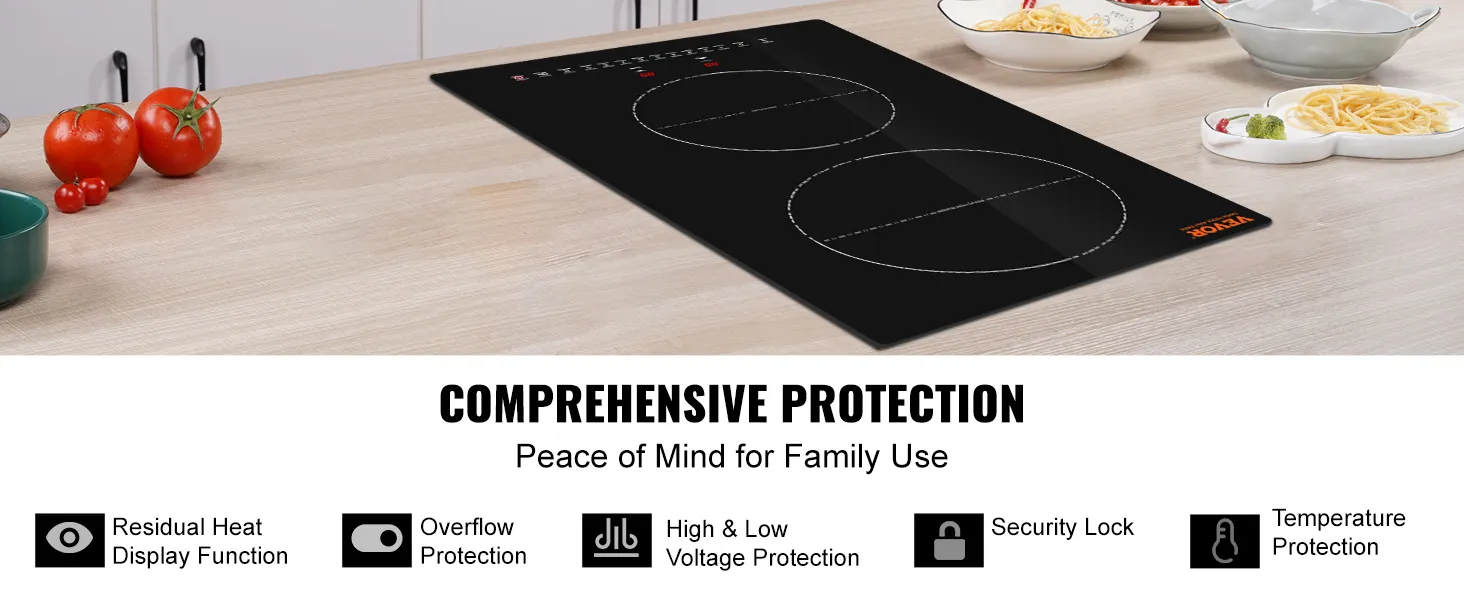 VEVOR electric cooktop on wooden countertop, surrounded by fresh ingredients and pasta bowls.