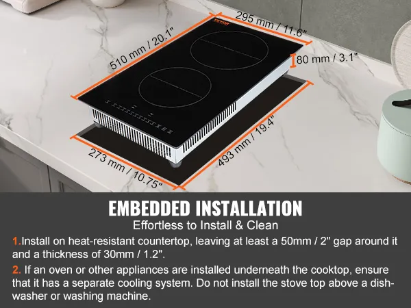 VEVOR electric cooktop with embedded installation on marble countertop, dimensions listed for setup.