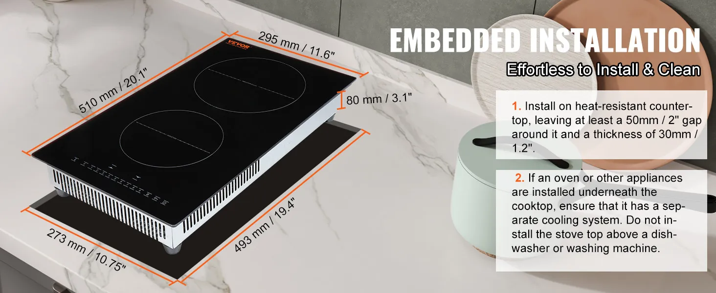 VEVOR electric cooktop with embedded installation on marble countertop, dimensions listed for setup.