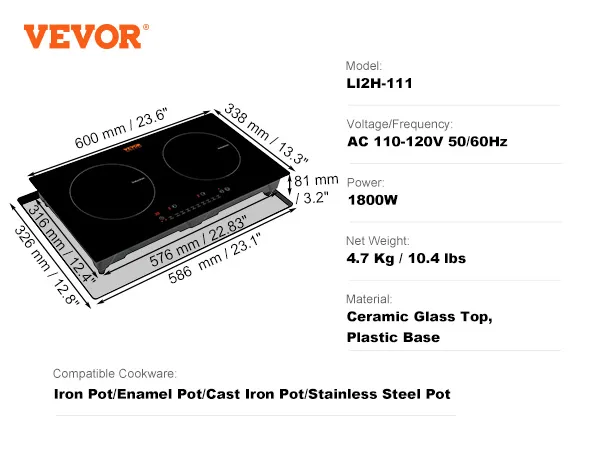 VEVOR electric cooktop with ceramic glass top, dual induction burners, 1800w power, and dimensions.
