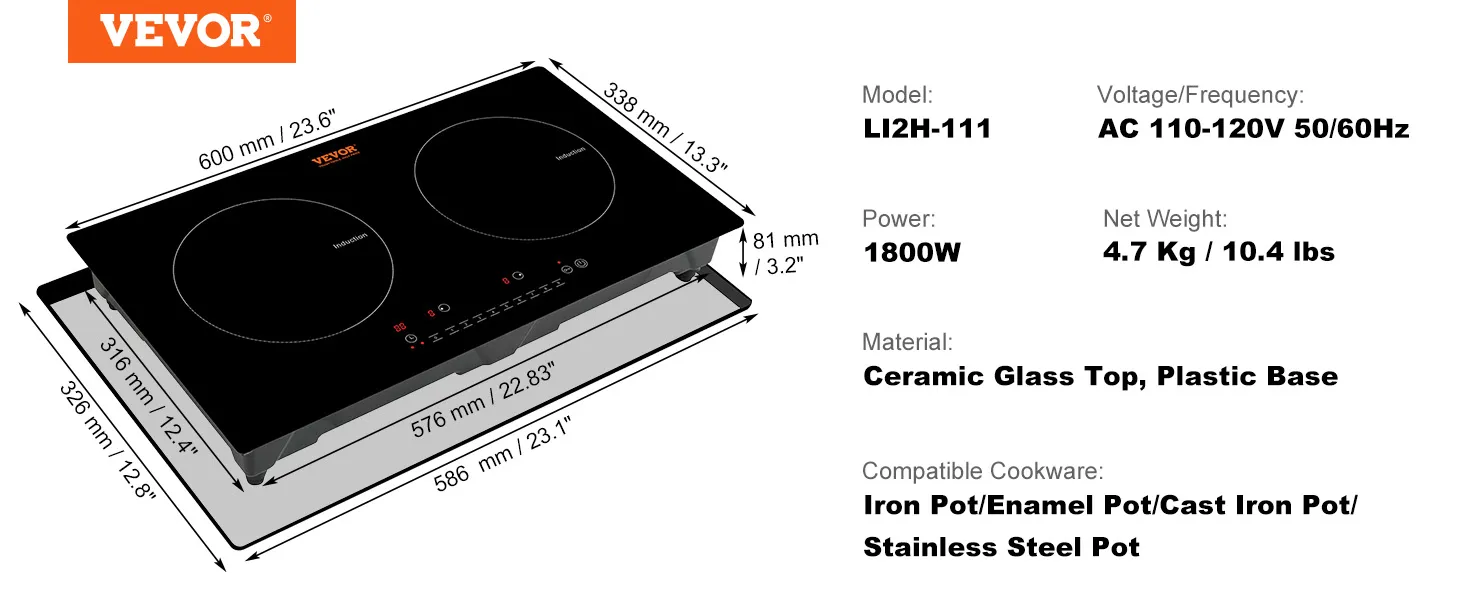VEVOR electric cooktop with ceramic glass top, dual induction burners, 1800w power, and dimensions.