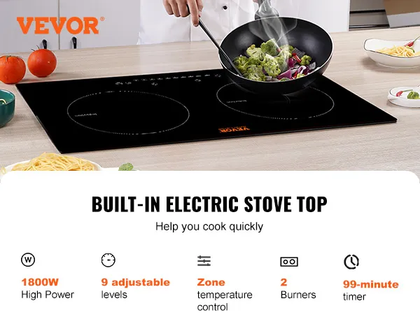 VEVOR electric cooktop with 2 burners, 1800w power, 9 adjustable levels, and 99-minute timer.