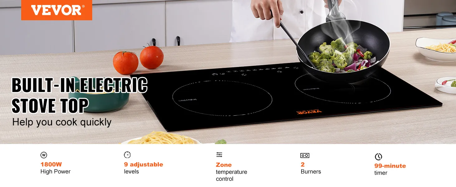 VEVOR electric cooktop with 2 burners, 1800w power, 9 adjustable levels, and 99-minute timer.