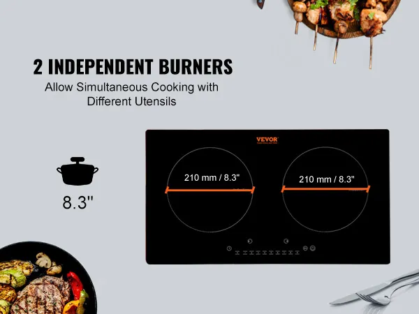 VEVOR electric cooktop with two independent burners, each 210 mm for simultaneous cooking.