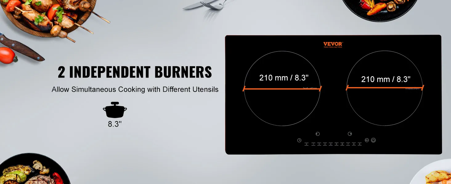 VEVOR electric cooktop with two independent burners, each 210 mm for simultaneous cooking.